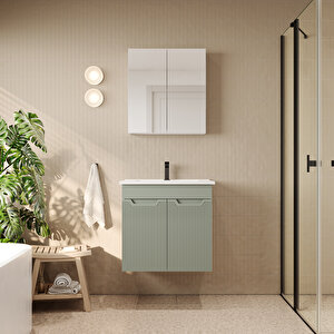 Banyo Dolabı, Ayna Ve Lavabo Seti, 65 Cm, Soft Su Yeşili