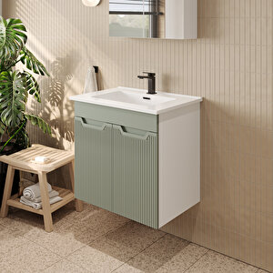 Banyo Dolabı, Ayna Ve Lavabo Seti, 65 Cm, Soft Su Yeşili