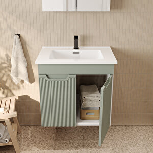 Banyo Dolabı, Ayna Ve Lavabo Seti, 65 Cm, Soft Su Yeşili