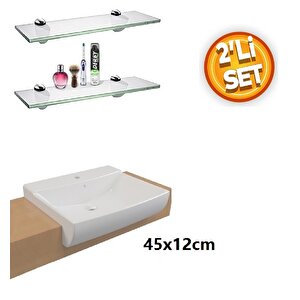 2'Li Cam Etejer Raf Seti 45x12cm Montajlı Etajer Banyo Lavabo üstü
