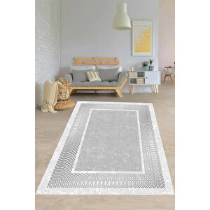 Makinede Yıkanabilir Leke Tutmaz  gümüş Pvc Deri Kaymaz Taban Çerçeve Salon Saçaksız Halı B1223 100x200 cm