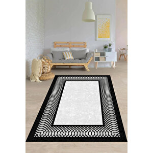 Makinede Yıkanabilir Leke Tutmaz  gümüş-siyah Pvc Deri Kaymaz Taban Çerçeve Salon Saçaksız Halısı B1229 120x180 cm