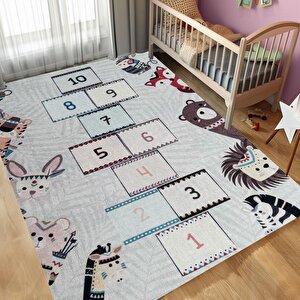 Çocuk Bebek Odası Eğitici Oyun Halısı Seksek Gri Halı Yıkanabilir Kaymaz 100x200 cm