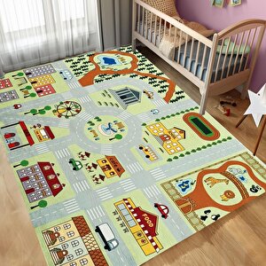 Çocuk Bebek Odası Eğitici Oyun Halısı Trafik Temalı Yeşil Gri Halı Kaymaz Taban Yıkanabilir 80x150 cm