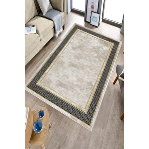 Makinede Yıkanabilir Leke Tutmaz  krem-gold-siyah Deko Deri Kaymaz Taban Salon-yolluk Halısı B1182 200x300 cm