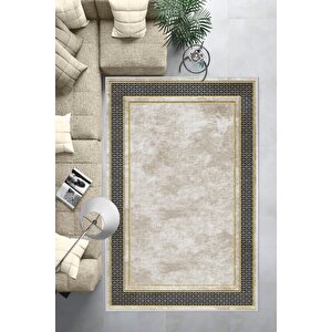 Makinede Yıkanabilir Leke Tutmaz  krem-gold-siyah Deko Deri Kaymaz Taban Salon-yolluk Halısı B1182