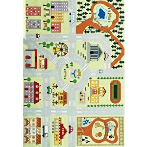 Çocuk Bebek Odası Eğitici Oyun Halısı Trafik Temalı Yeşil Gri Halı Kaymaz Taban Yıkanabilir 160x230 cm