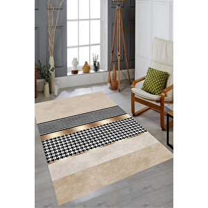 Makinede Yıkanabilir Leke Tutmaz  krem Pvc Deri Kaymaz Taban Şerit Salon Halısı A237 80x150 cm