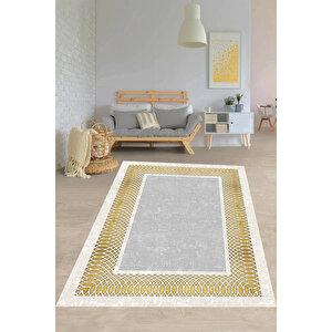 Makinede Yıkanabilir Leke Tutmaz  gri-gold Pvc Deri Kaymaz Taban Çerçeve Salon Saçaksız Halı B1225 80x200 cm