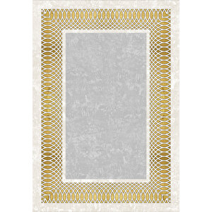 Makinede Yıkanabilir Leke Tutmaz  gri-gold Pvc Deri Kaymaz Taban Çerçeve Salon Saçaksız Halı B1225 80x200 cm