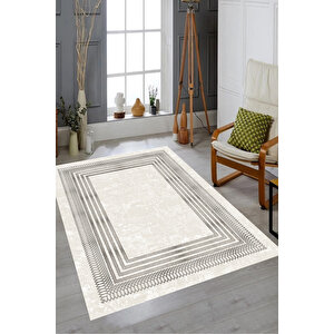 Makinede Yıkanabilir Leke Tutmaz  bej-gri Pvc Deri Kaymaz Taban Çerçeve Salon Halısı B1169 200x300 cm