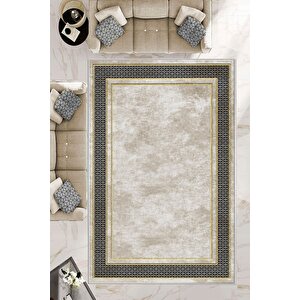 Makinede Yıkanabilir Leke Tutmaz  krem-gold-siyah Deko Deri Kaymaz Taban Salon-yolluk Halısı B1182 80x300 cm