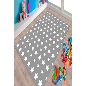 Makinede Yıkanabilir Leke Tutmaz  gri Pvc Deri Kaymaz Taban Yıldız Çocuk Halısı 377-00 200x300 cm