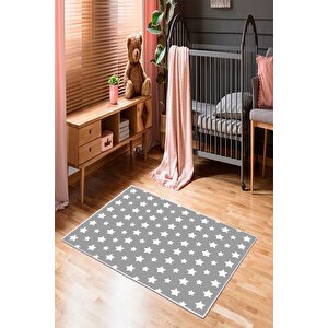 Makinede Yıkanabilir Leke Tutmaz  gri Pvc Deri Kaymaz Taban Yıldız Çocuk Halısı 377-00 120x180 cm