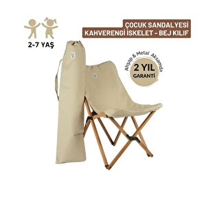 Kids Katlanir Ahşap Kamp & Bahçe Sandalyesi̇ Kahverengi İskelet – Bej Kılıf