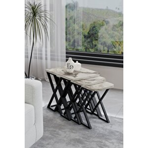 Milano 3'lü Zigon Sehpa Siyah Metal - Beyaz Mermer Tabla