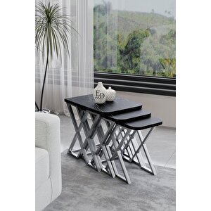 Milano 3'lü Zigon Sehpa Gümüş Metal - Siyah Mermer Tabla