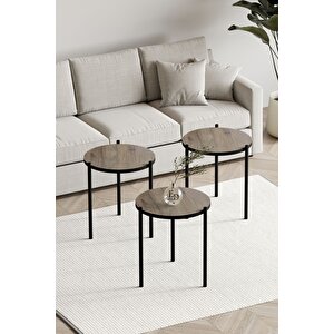 Nice 3'lü Zigon Sehpa Siyah Metal - Rustik Meşe Tabla