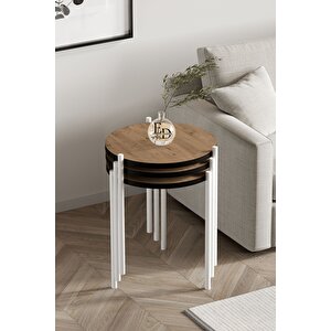 Nice 3'lü Zigon Sehpa Beyaz Metal - Atlantik Çam Tabla