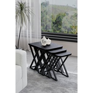 Milano 3'lü Zigon Sehpa Siyah Metal - Siyah Mermer Tabla