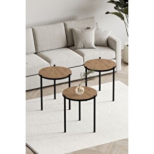 Nice 3'lü Zigon Sehpa Siyah Metal - Atlantik Çam Tabla
