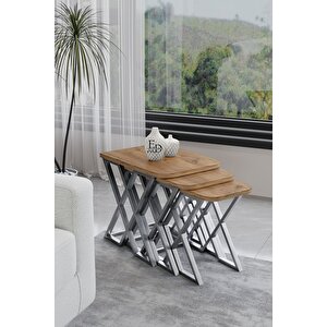 Milano 3'lü Zigon Sehpa Gümüş Metal - Atlantik Çam Tabla