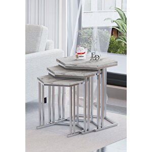 Tokyo 3'lü Zigon Sehpa Gümüş Metal - Beyaz Mermer Tabla