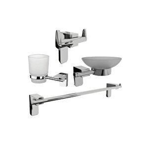 Krom Lux 4 Lü Banyo Seti Uzun Havluluk, Diş Fırçalık, Sabunluk, Bornozluk Set Krom