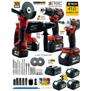 Akülü Kırmızı Kömürsüz 4'lü Set Taşlama-kırıcı Delici Hilti-somun Sıkma-vidalama Matkap