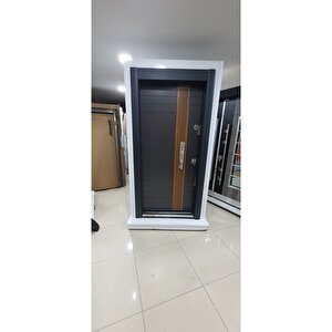 Çelik Kapı, Antrasit Renk, Ahşap Kuşaklı, Tırnaklı Sistem Daire Kapısı Sağ Açılım