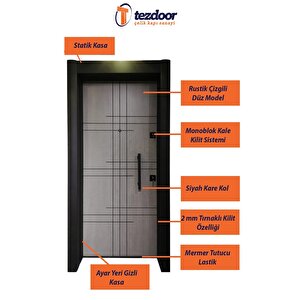 Çelik Kapı, Tırnaklı Sistem Çelik Kapı, Gri Meşe Siyah Kasalı Sağ Açılım Kale Kilit