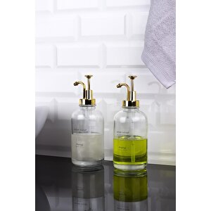 Altın Pompalı İkili Yuvarlak Cam Sıvı Sabunluk 500ml