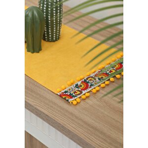 Çiçek Motifli Ve Ponponlu Runner 90 X 30,r-64k Sarı
