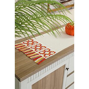Renkli Saçaklı Ve Motifli Runner 120x40 Cm,r-97o Ekru