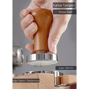Tamper Ahşap Saplı Paslanmaz Tabanlı Kahve Tamperi 58 Mm