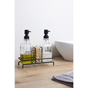 Siyah Pompalı Ve Standlı İkili Kare Cam Sıvı Sabunluk 500ml
