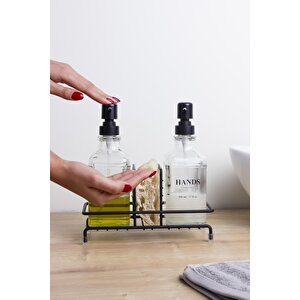Siyah Pompalı Ve Standlı İkili Kare Cam Sıvı Sabunluk 500ml