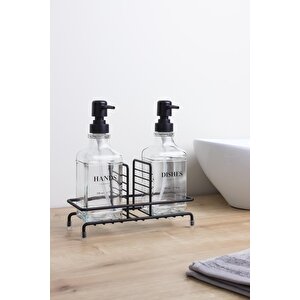 Siyah Pompalı Ve Standlı İkili Kare Cam Sıvı Sabunluk 500ml