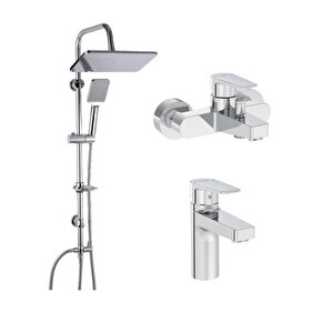 Artema Flow Square Krom Banyo Bataryası + Lavabo Bataryası + Duxxa Mirage Krom Tepe Duş Seti