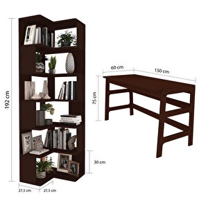 Bohem, Ahşap, Çalışma Masası Ve Köşe Kitaplık Takımı,