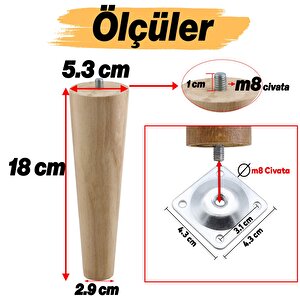 Ahşap Ayak Bağlantı Aparatlı Mobilya Koltuk Kanepe Sehpa Masa Ayağı Ayakları M8 Civatalı Ahşap 18 Cm