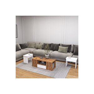 Lila Orta Sehpa 3'lü Takım Zigonlu Modern, 100 Cm, Atlantik Çam - Beyaz Antrasit Beyaz