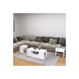 Lila Orta Sehpa 3'lü Takım Zigonlu Modern, 100 Cm, Beyaz Beyaz