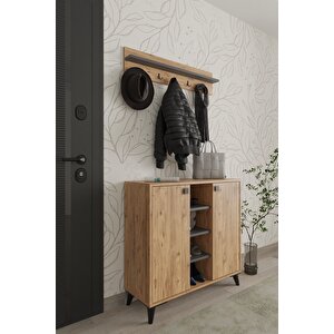 Akasya 2 Kapaklı Ayakkabılık, Vestiyer, Portmanto, Askılık, 90 Cm Atlantik Çam Antrasit