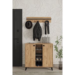 Akasya 2 Kapaklı Ayakkabılık, Vestiyer, Portmanto, Askılık, 90 Cm Atlantik Çam Antrasit