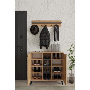 Akasya 2 Kapaklı Ayakkabılık, Vestiyer, Portmanto, Askılık, 90 Cm Atlantik Çam Antrasit