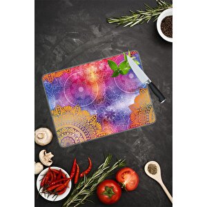 30x40 Cm Cam Kesme Tahtası Mavi Turuncu Mandala Desenli