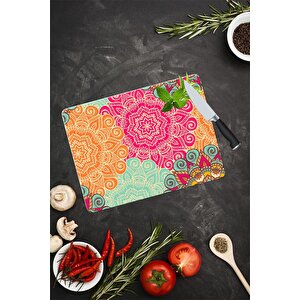 30x40 Cm Cam Kesme Tahtası Kırmızı Turuncu Mandala