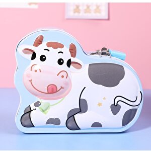 Sevimli İnek Çantalı Ve Kilitli Metal Kumbara, 15x12 - Mavi Mavi