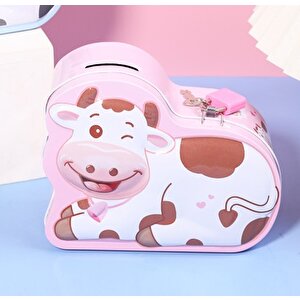 Sevimli İnek Çantalı Ve Kilitli Metal Kumbara, 15x12 - Pembe Pembe